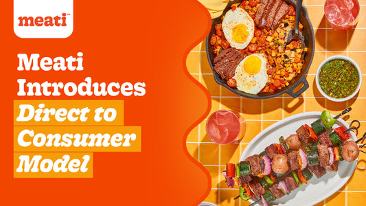 Blog banner for Meati's new direct-to-consumer model. On a vibrant orange background, the text says 'Meati Introduces Direct to Consumer Model.'