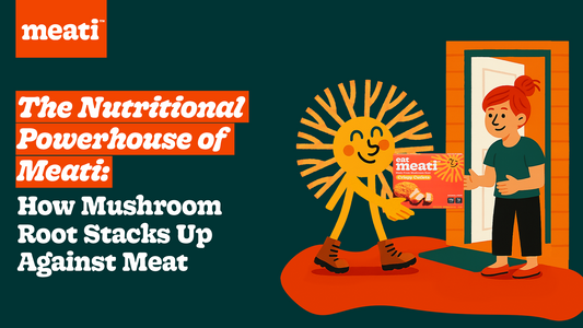 A blog banner for meant with a sun-shaped character hands a Meati product to a smiling person at a door. The text reads "The nutritional powerhouse of Meati: how mushroom root stacks up against meat"