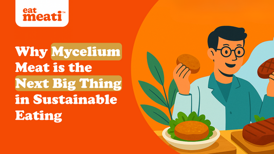 Illustration of a smiling man in glasses holding meati's plant-based meat products, with an orange background. Text highlights mycelium meat as sustainable.