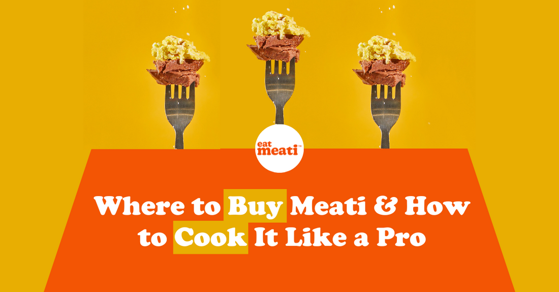 Three forks hold pieces of Meati topped with cheese against a yellow background with the text below that reads, "Where to Buy Meati & How to Cook It Like a Pro."