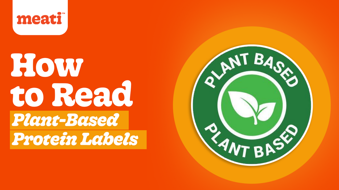 Person reading a plant-based protein nutrition label in a grocery store