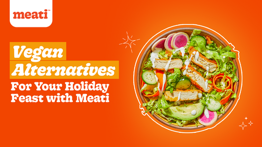 A vibrant orange background features a salad with Meati, radishes, cucumbers, and avocado. 