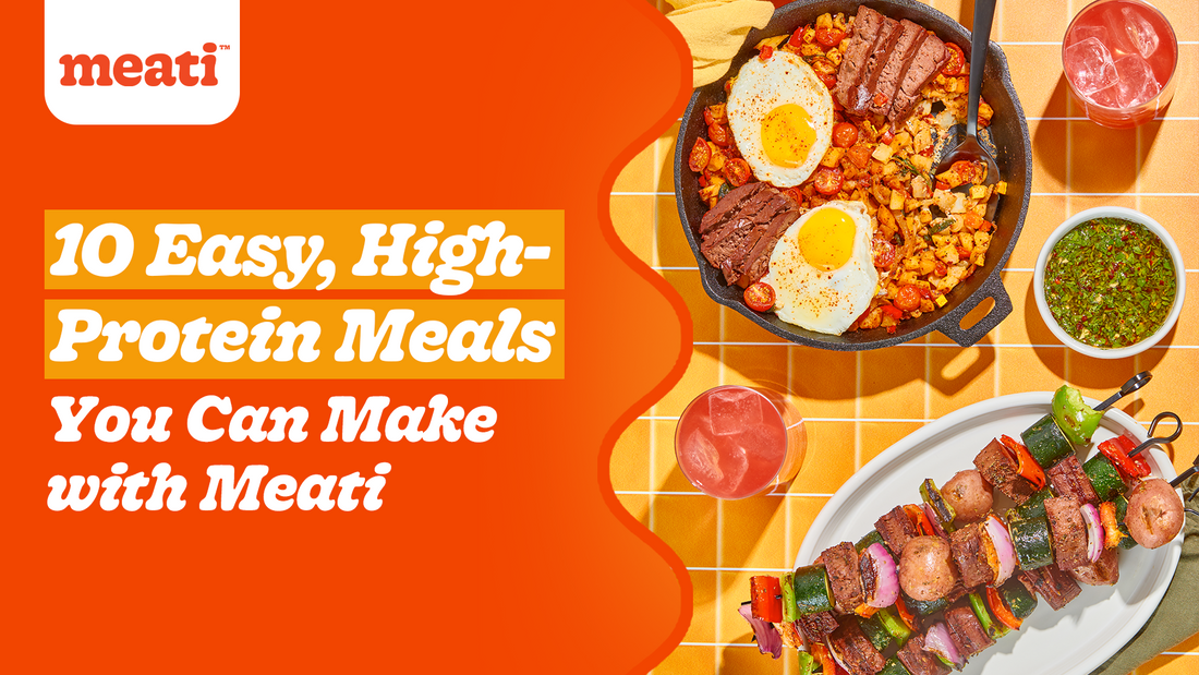 Variety of dishes made with meati cutlets placed on a checkered table along with drinks and a bowl of green sauce