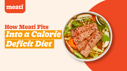 Meati Classic Cutlet and Classic Steak served with vegetables and whole grains as part of a balanced calorie-deficit meal