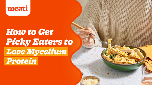 Mycelium protein served in familiar meals like tacos, sliders, and wraps with favorite toppings and sauces for picky eaters.