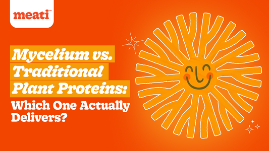 Image with the text 'Mycelium vs. Traditional Plant Proteins: Which One Actually Delivers?' and a smiling sun illustration.