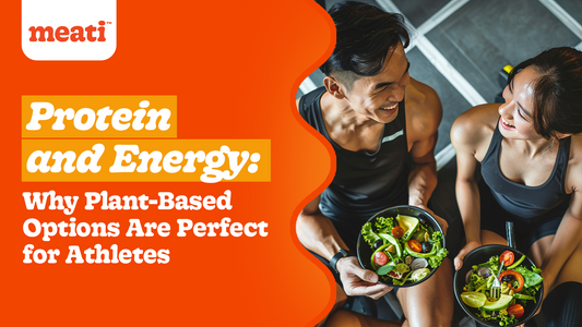 Plant based protein for athletes with two people eating healthy bowls Meati graphic