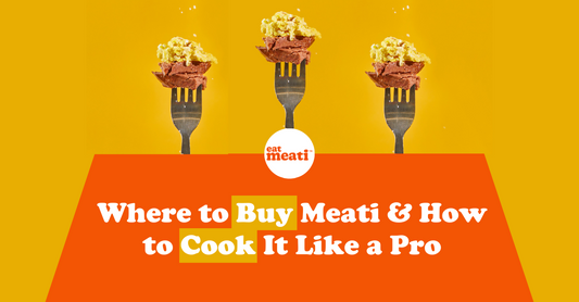 Three forks hold pieces of Meati topped with cheese against a yellow background with the text below that reads, "Where to Buy Meati & How to Cook It Like a Pro." 