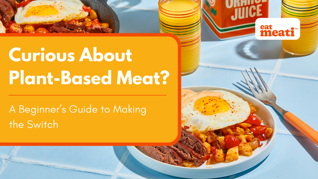 Meati blog banner with a plate with meati, eggs and potatoes next to an orange juice.