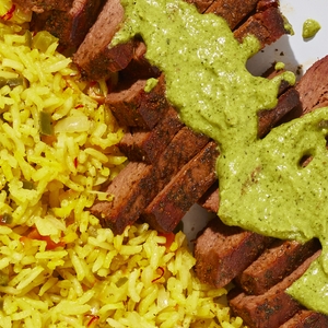 Meati™ Carne Asada Steaks with Poblano Chimichurri and Sofrito-Saffron Rice recipe